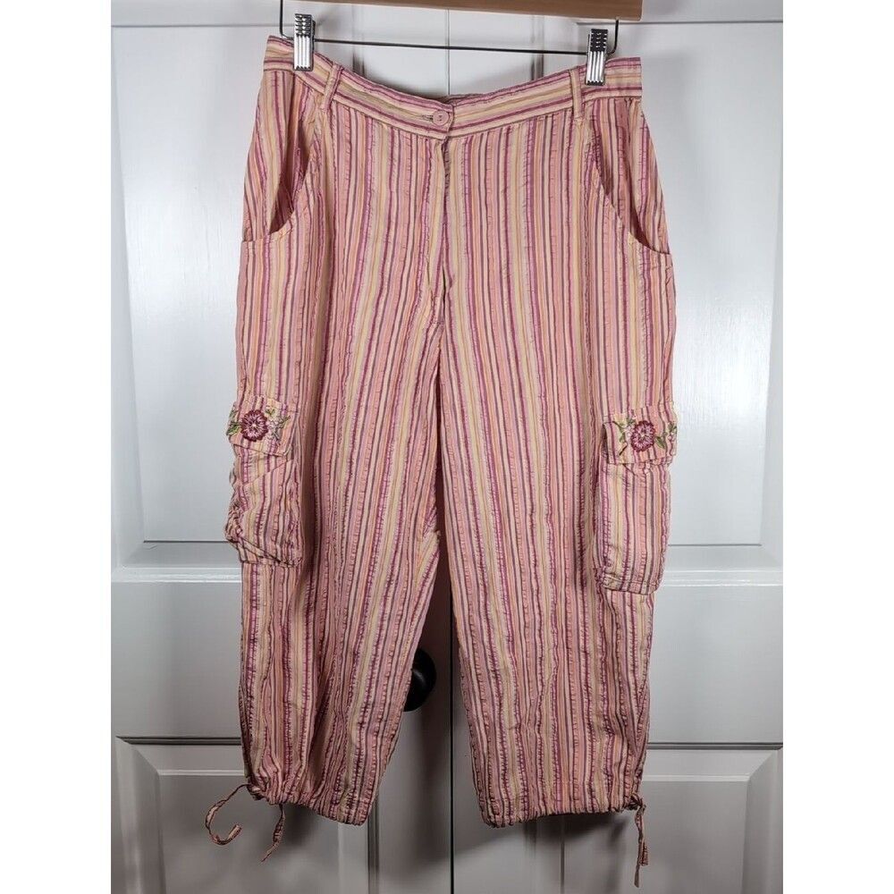 April Cornell Vintage Striped Cargo Traveler Pants Fairycore Pink Utility Floral